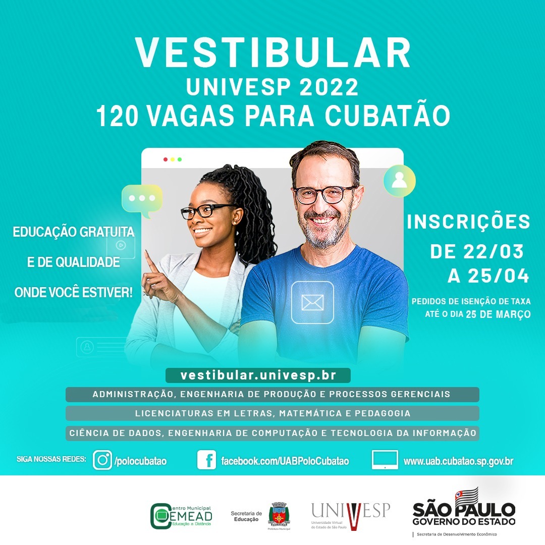 Estão  abertas inscrições  para 120 vagas da Univesp.